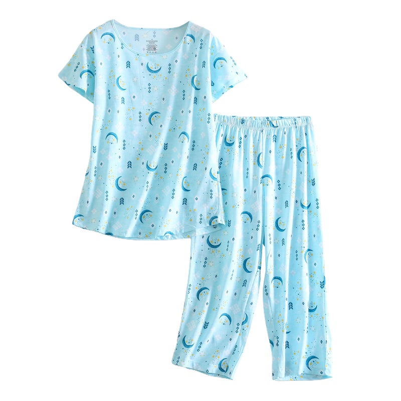 PNAEONG Womenâ€™s Pajama Set - Cotton-Blend Short-Sleeve Loose Top with Matching Capri Bottoms SY215-Blue Moon-L - Image 1